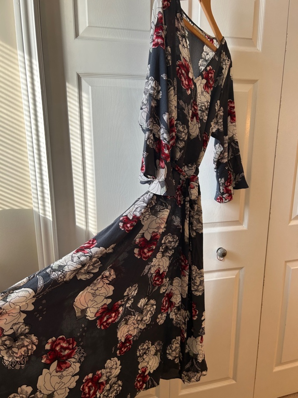 Molly Bracken Charcoal Wrap dress with Red & White Floral Print 14W